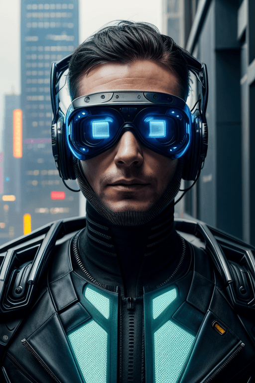 AI generated: Cyberpunk potrait of futuristic male humanoid comes from 2050 standing in a futuristic city,wearing ...