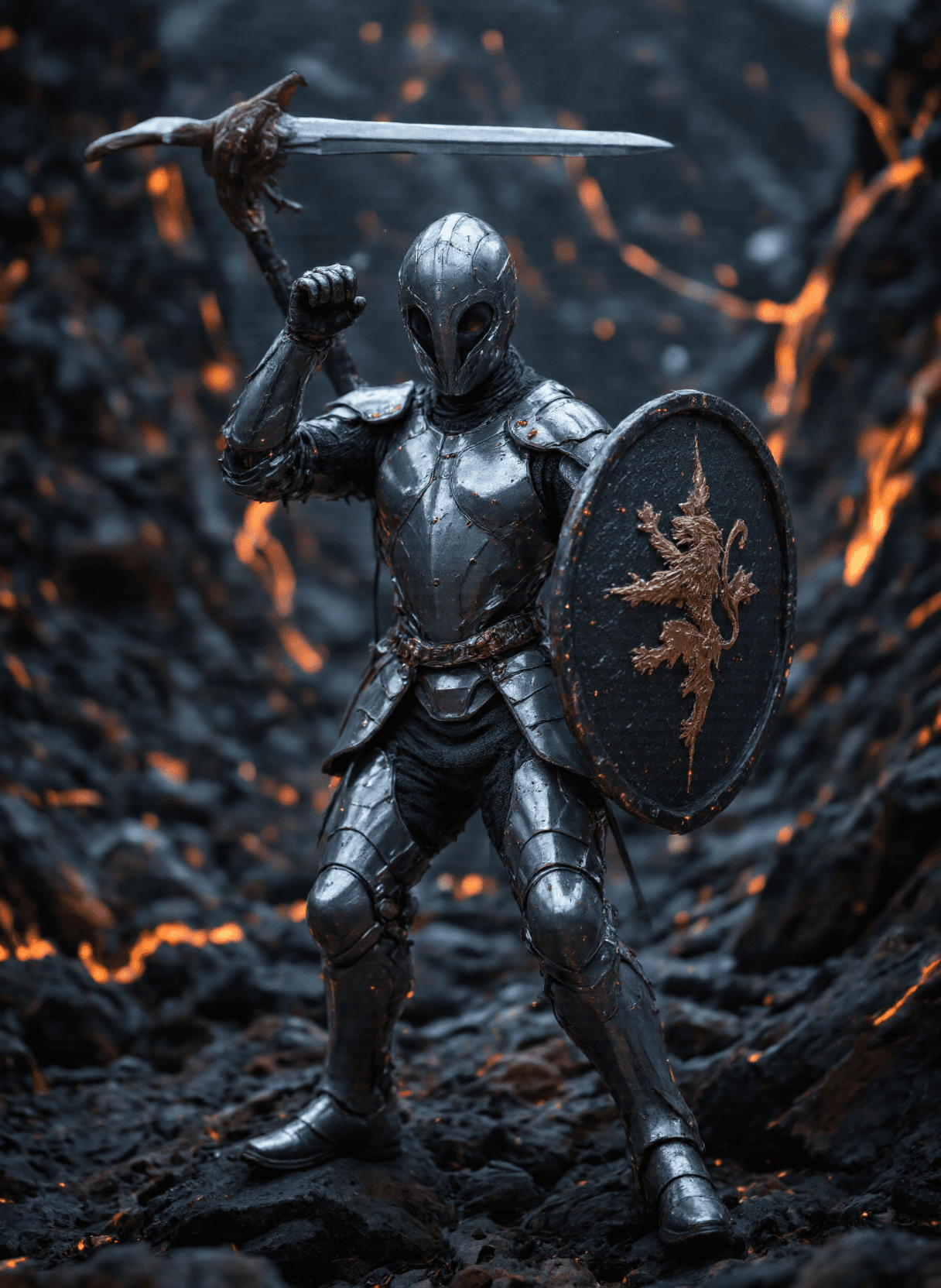 AI generated: The image depicts a person dressed in medieval armor standing on rocky terrain with flowing lava ben...
