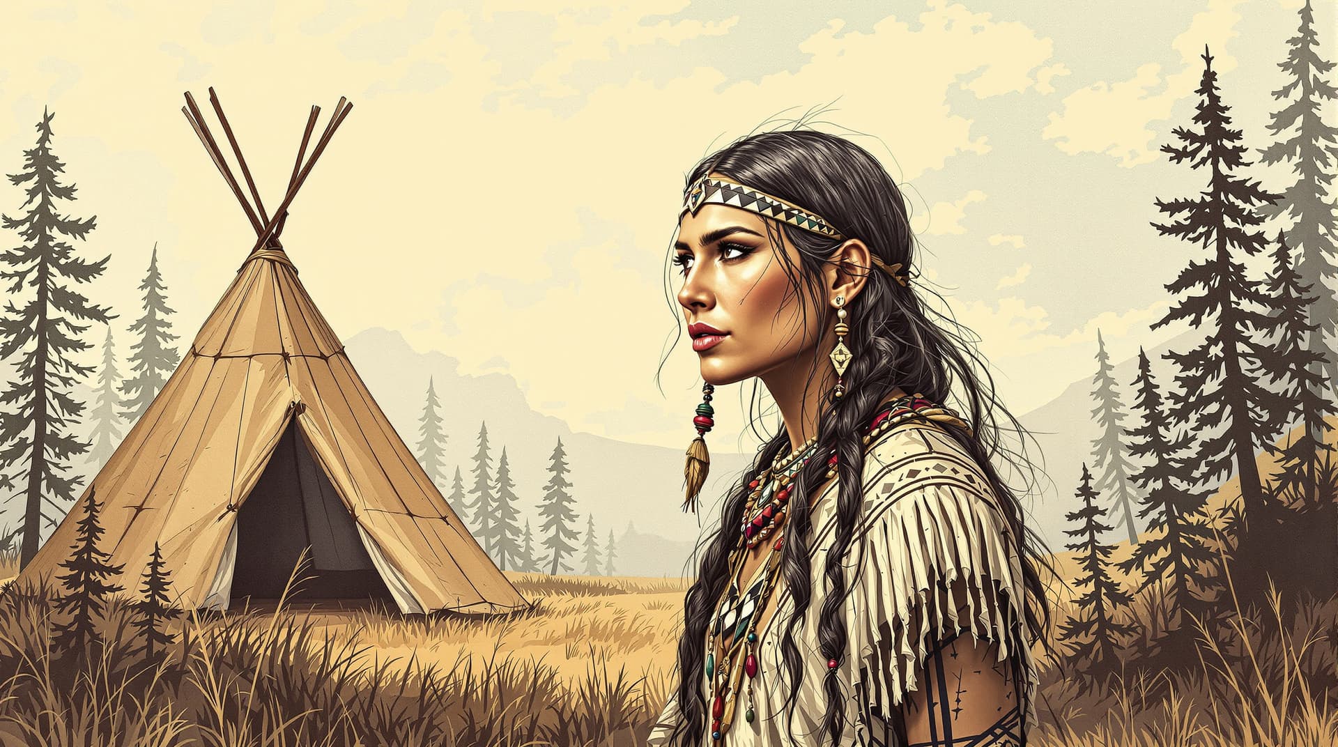 AI generated: A half draw of a real native american indian woman, no hedgear, realistic, hyper detailled, full bod...
