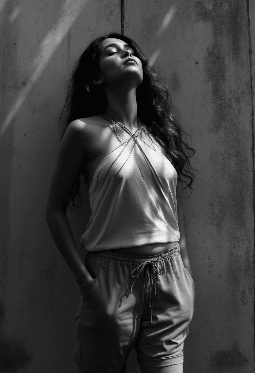 AI generated: A full-length, photorealistic portrait of a woman standing against a weathered, textured stucco wall...