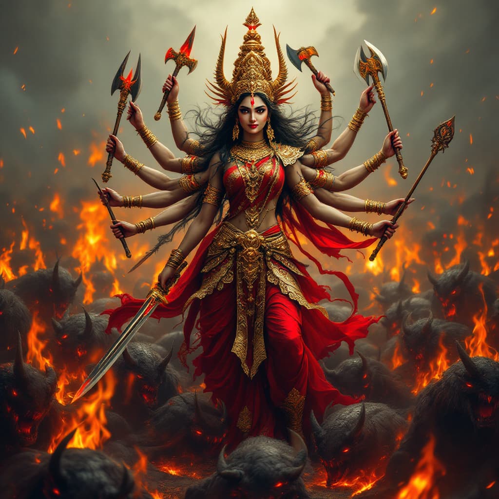 AI generated: An ultra-realistic, full-body portrait of a goddess durga with her 10 hands each carry weapons(sword...