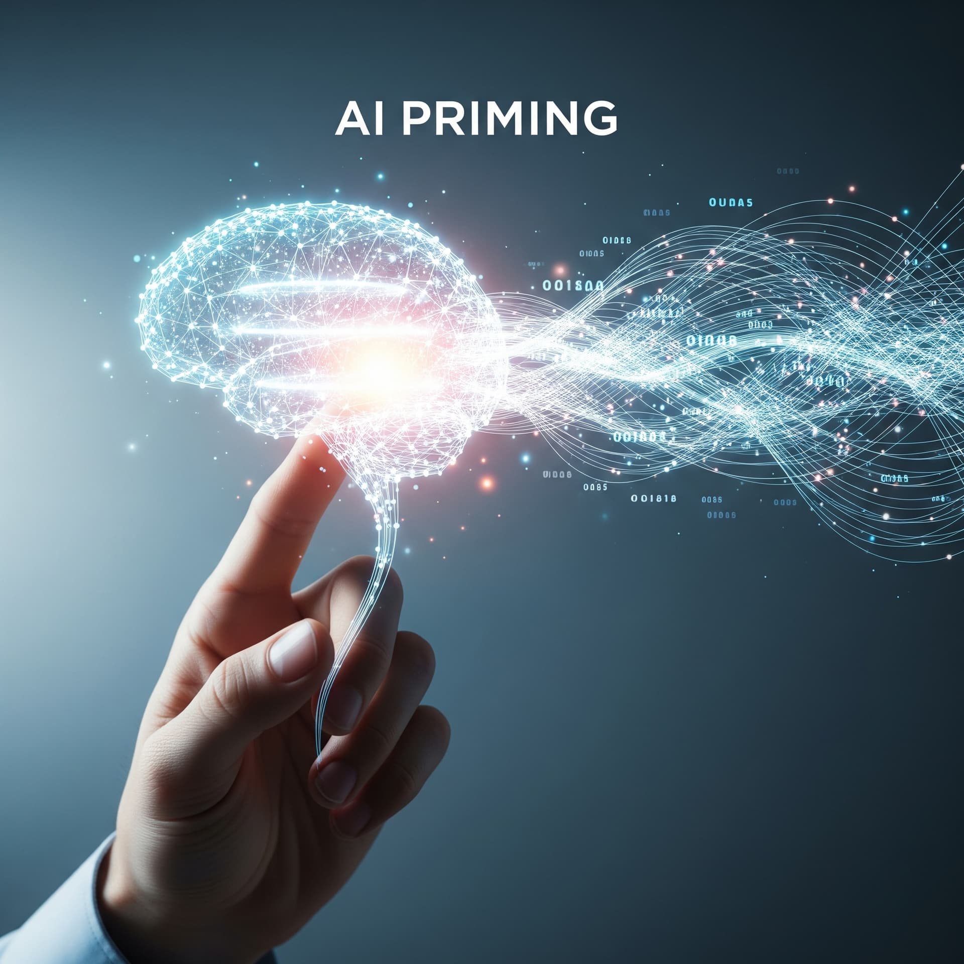 AI generated: An abstract image representing the concept of 'AI Priming'. A human hand fine-tuning a glowing, comp...