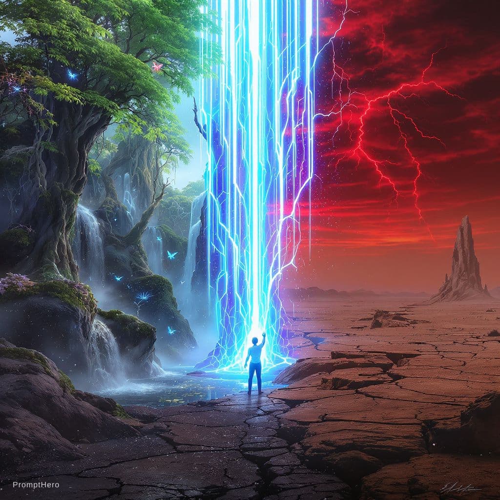 AI generated: A shimmering, translucent wall of liquid-like energy rises from the ground, stretching endlessly int...