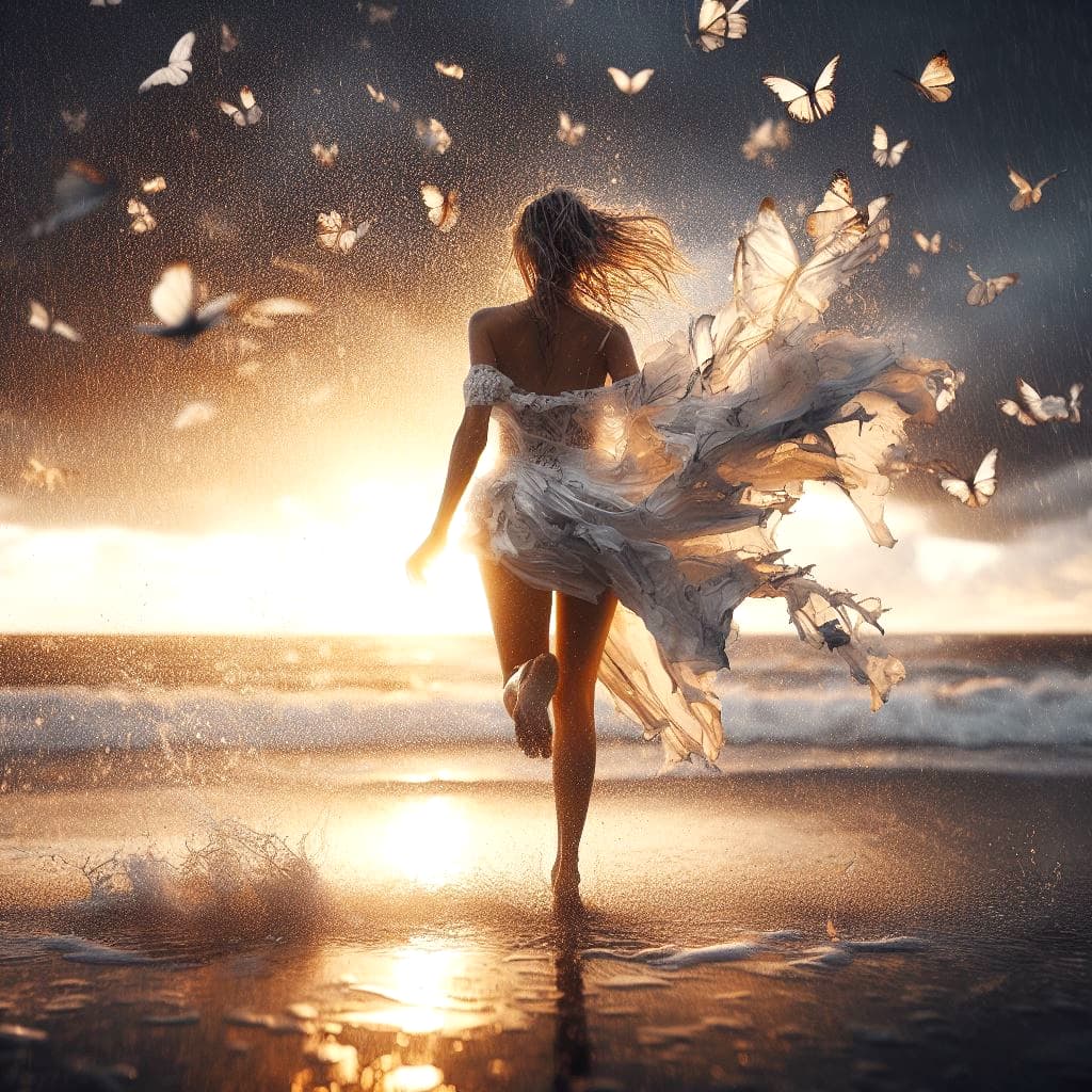 AI generated: A young woman dressed in a torn white dress (the dress is dissolving into white butterflies), runnin...
