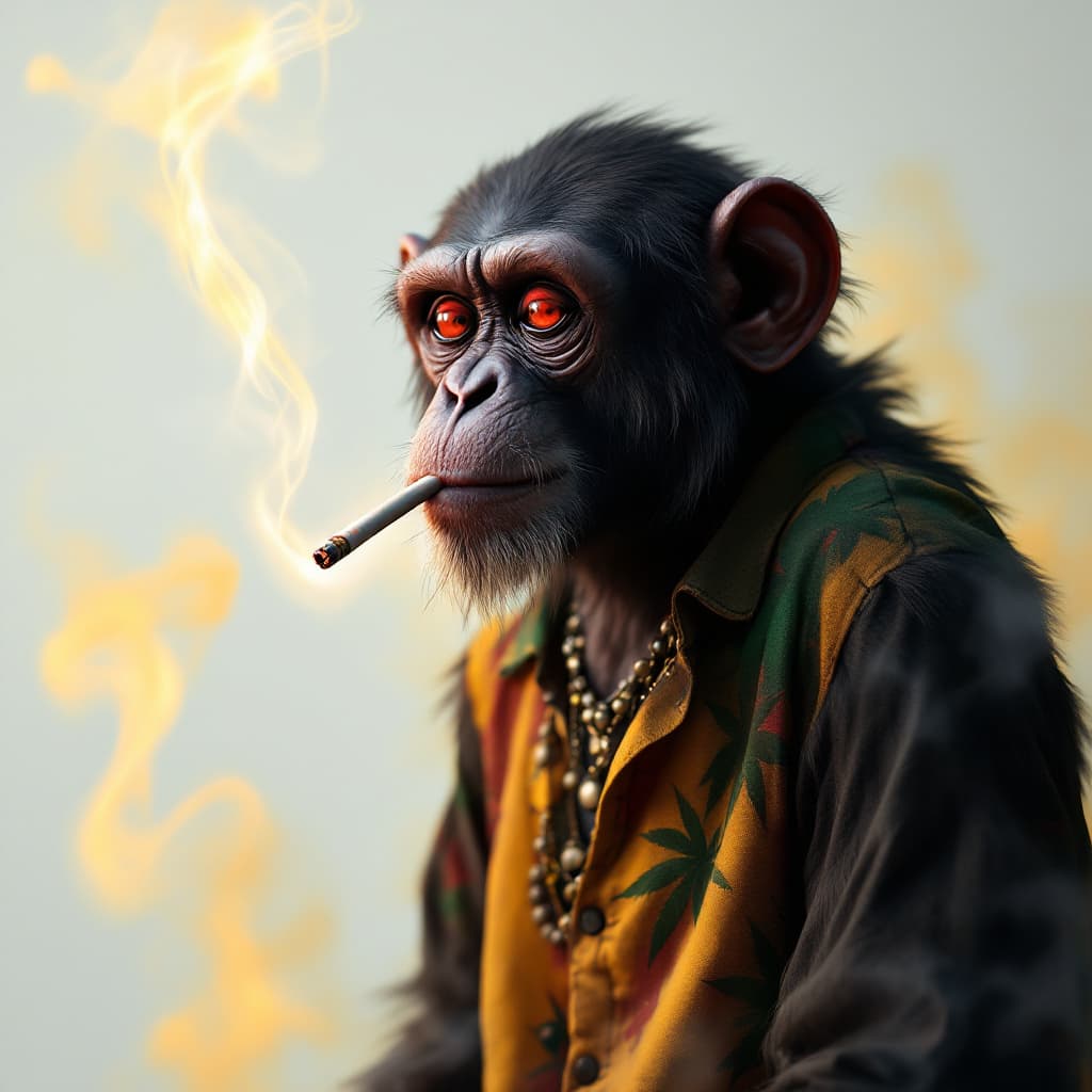 AI generated: Hyperrealistic animated image of a standing black monkey, wearing a shirt with reggae colors, the en...