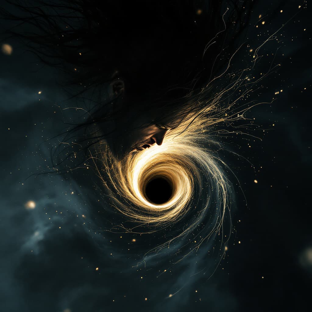 AI generated: A terrified, slim-faced young man stares downward at a void in the center of her stomach (1.4), his ...