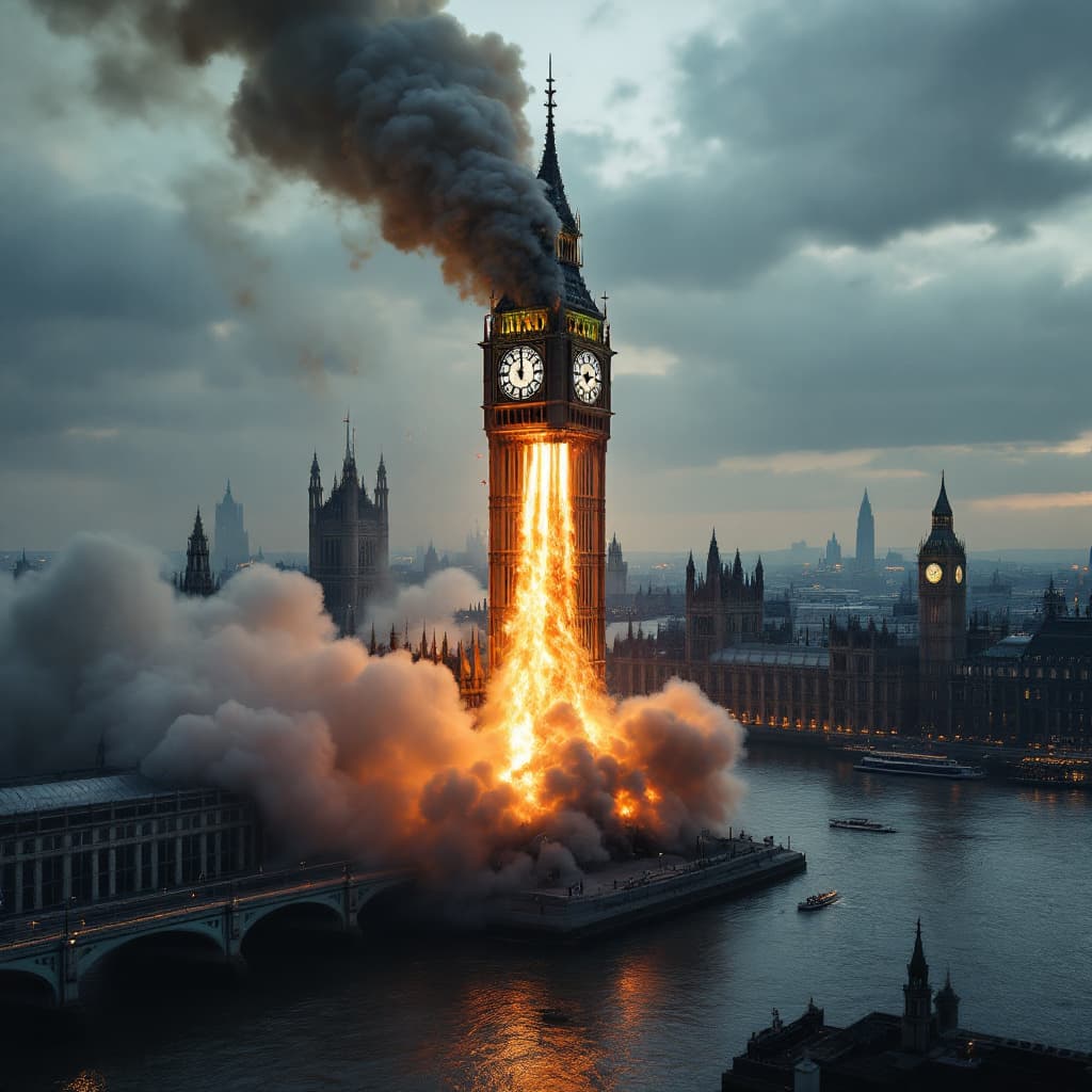 AI generated: Big Ben slowly rises into the air like a rocket with its engines attached to the base of the tower, 