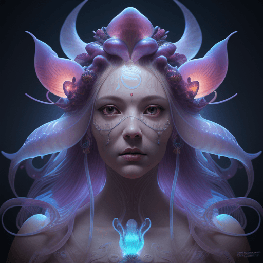 AI generated: Goddess close-up portrait ribcagel. jellyfish phoenix head, nautilus, orchid, skull, betta fish, bio...