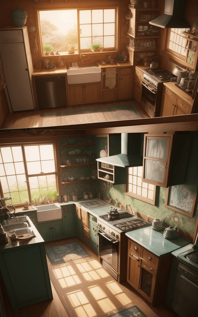 AI generated: anime illustration of cozy kitchen at small house with bohemian furnitures in the morning with shade...