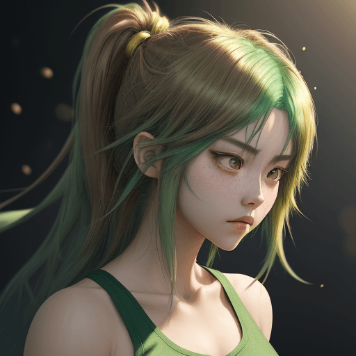 AI generated: girl with green hair highlights in tank top, long brown hair, in the style of hyper-realistic atmosp...