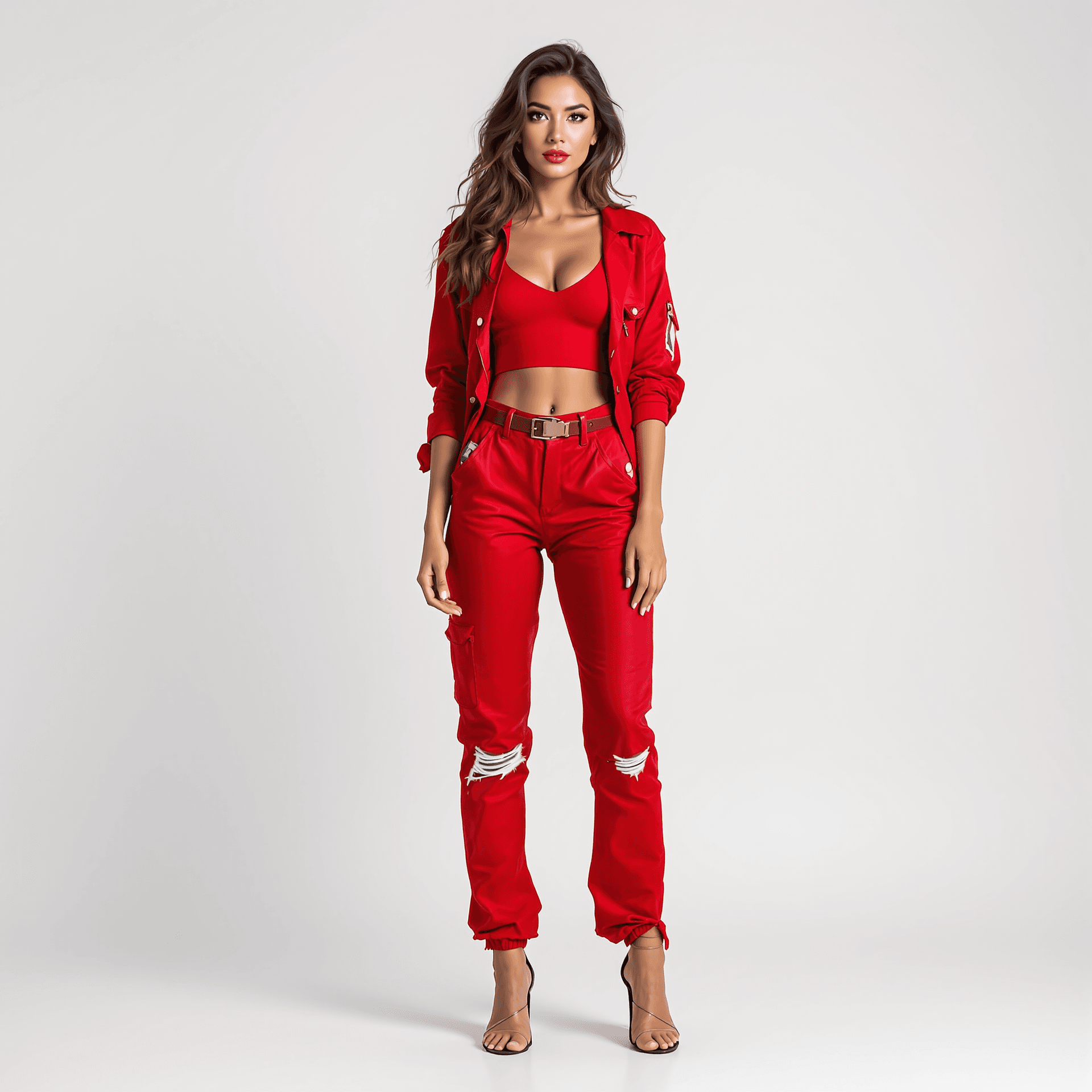 AI generated: latina female model with red urban clothes, standing front, pose. looking to front, full view portra...