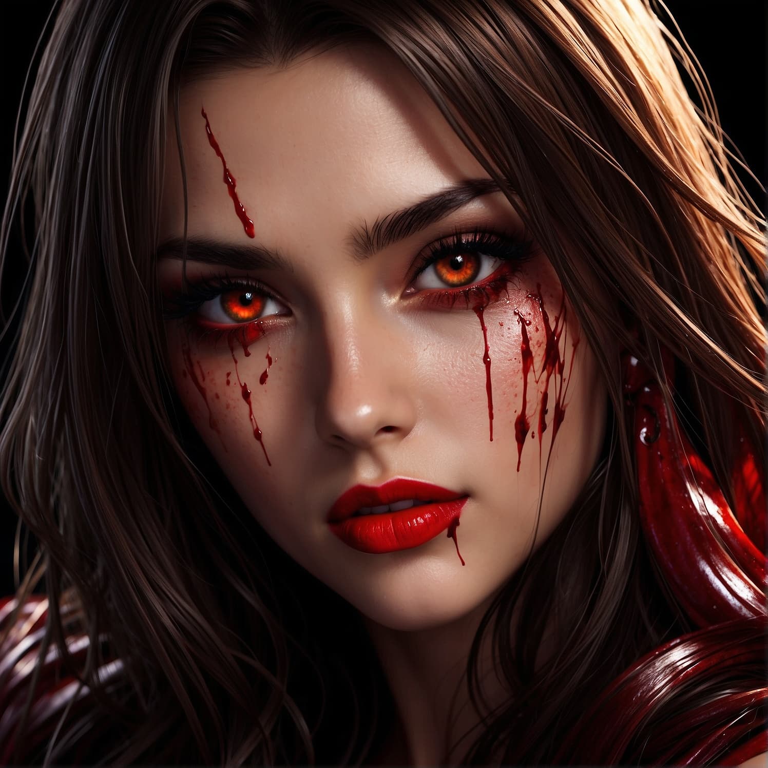 AI generated: blood drops on a woman's face, killer, shiny eyes, elegant, lovely, dark, dramatic light, in the sty...