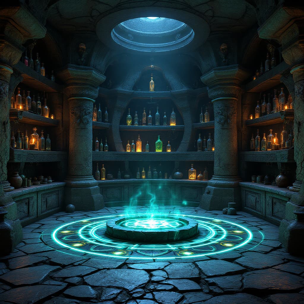 AI generated: Secret underground alchemist's chamber with shelves of dusty bottles, glowing crystals, arcane alche...