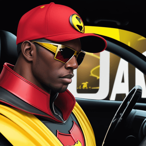 AI generated: A BLACKMAN in a red baseball cap, yellow sunglasses, in a dark red superhero knight armour suit with...
