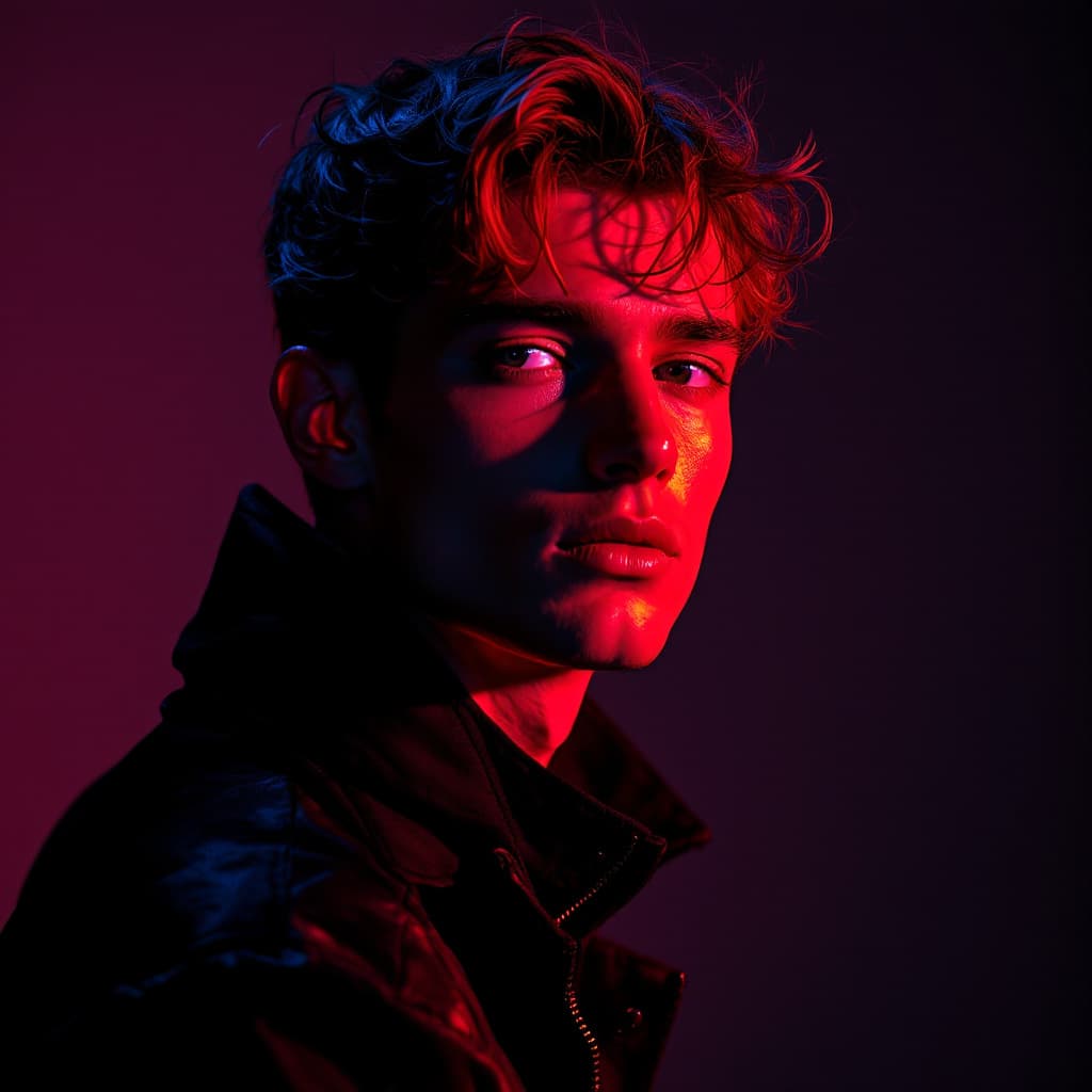 AI generated: fashion editorial, a portrait of young man is studio red and blue lights in style Alain Laboile, hig...