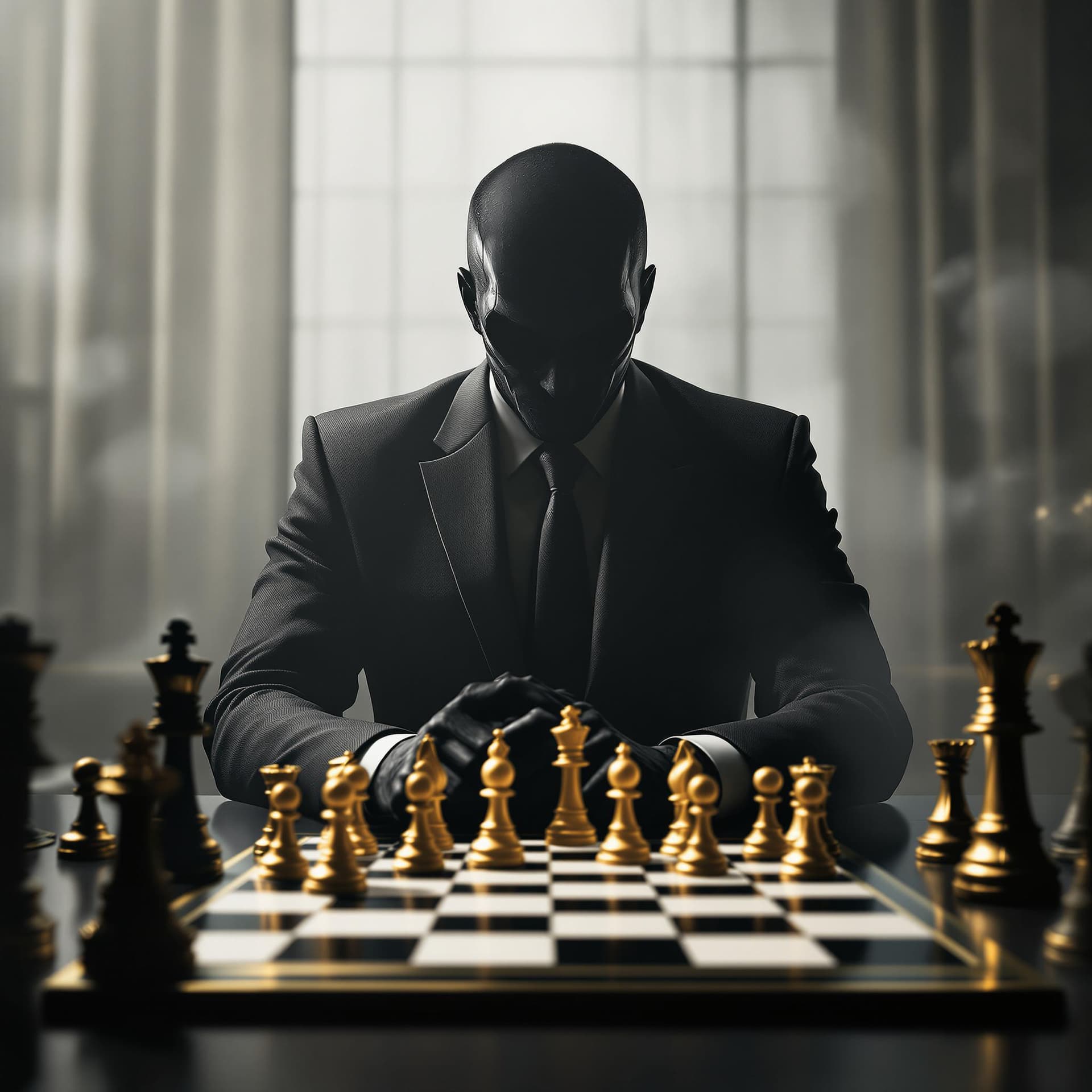 AI generated: full front view of a shadowy man in a business suit sitting at a desk with a chessboard in front of ...
