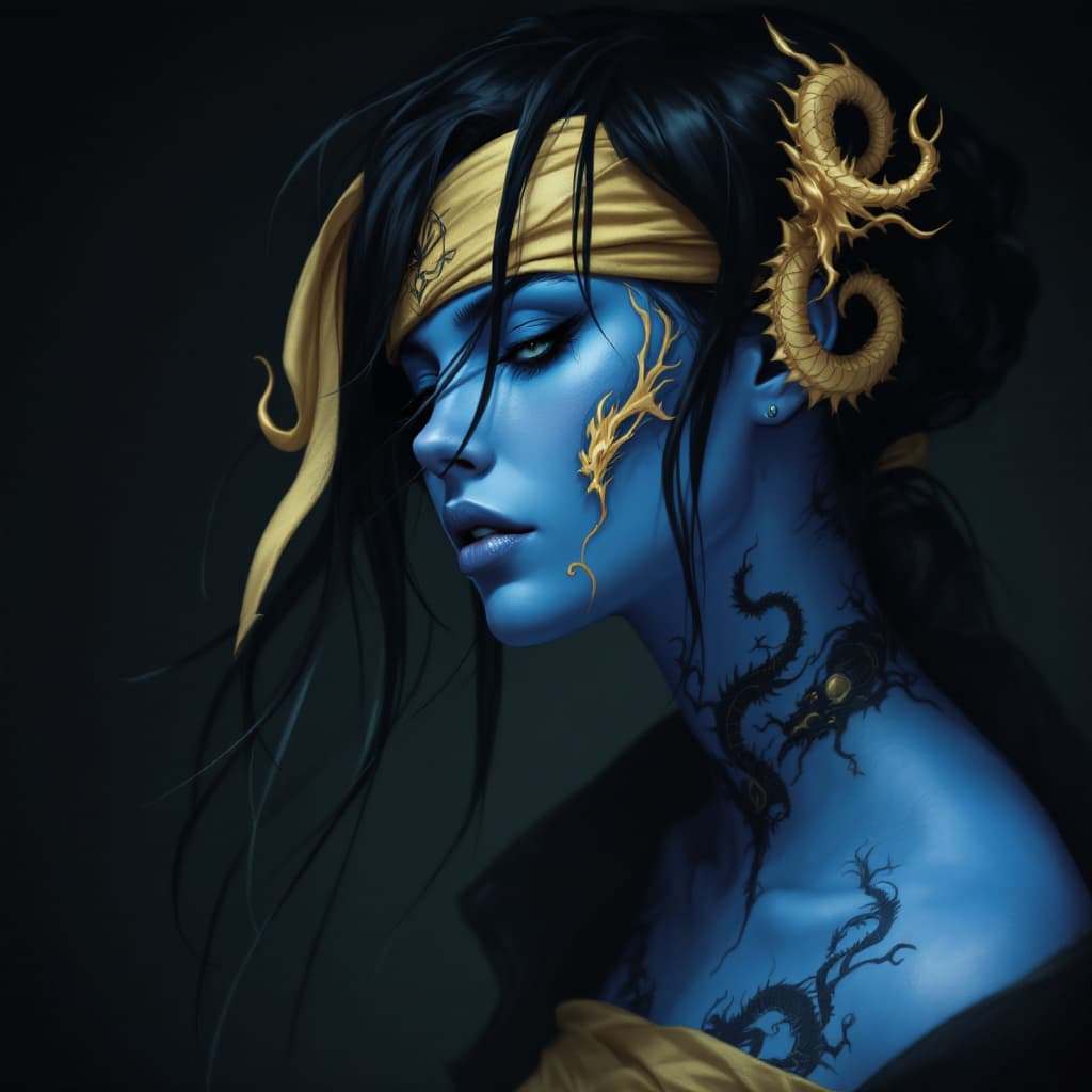 AI generated: a blue skinned woman with black hair, dragon tattoos up side of body and wears a blindfold