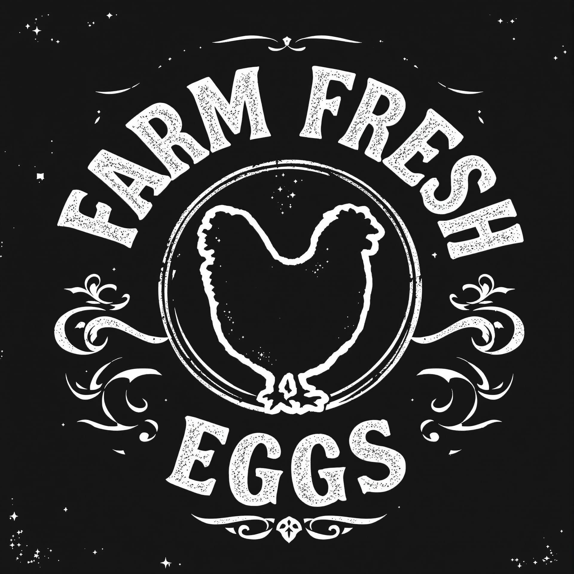 AI generated: Create a vintage-style graphic design featuring the text "FARM FRESH EGGS" with a silhouette of a he...