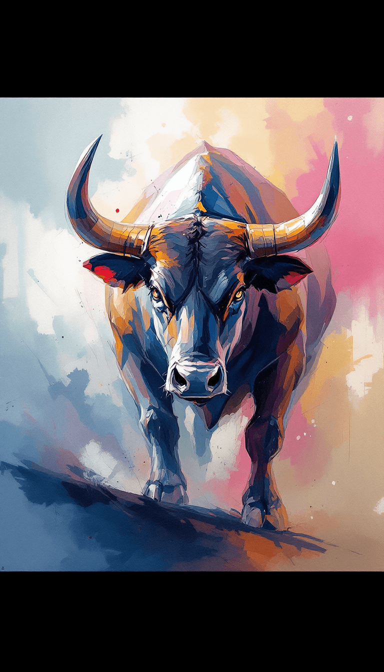 AI generated: Abstract landscape series of a fighting bull with horns in front with pastel colors, aggressive char...