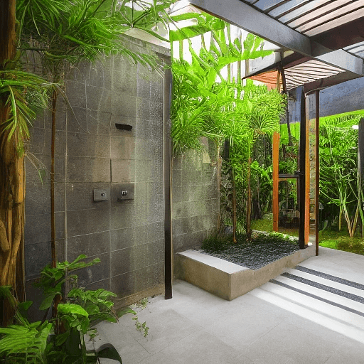 AI generated: High resolution photography of modern enclosed lush balinese garden courtyard with outdoor shower sm...