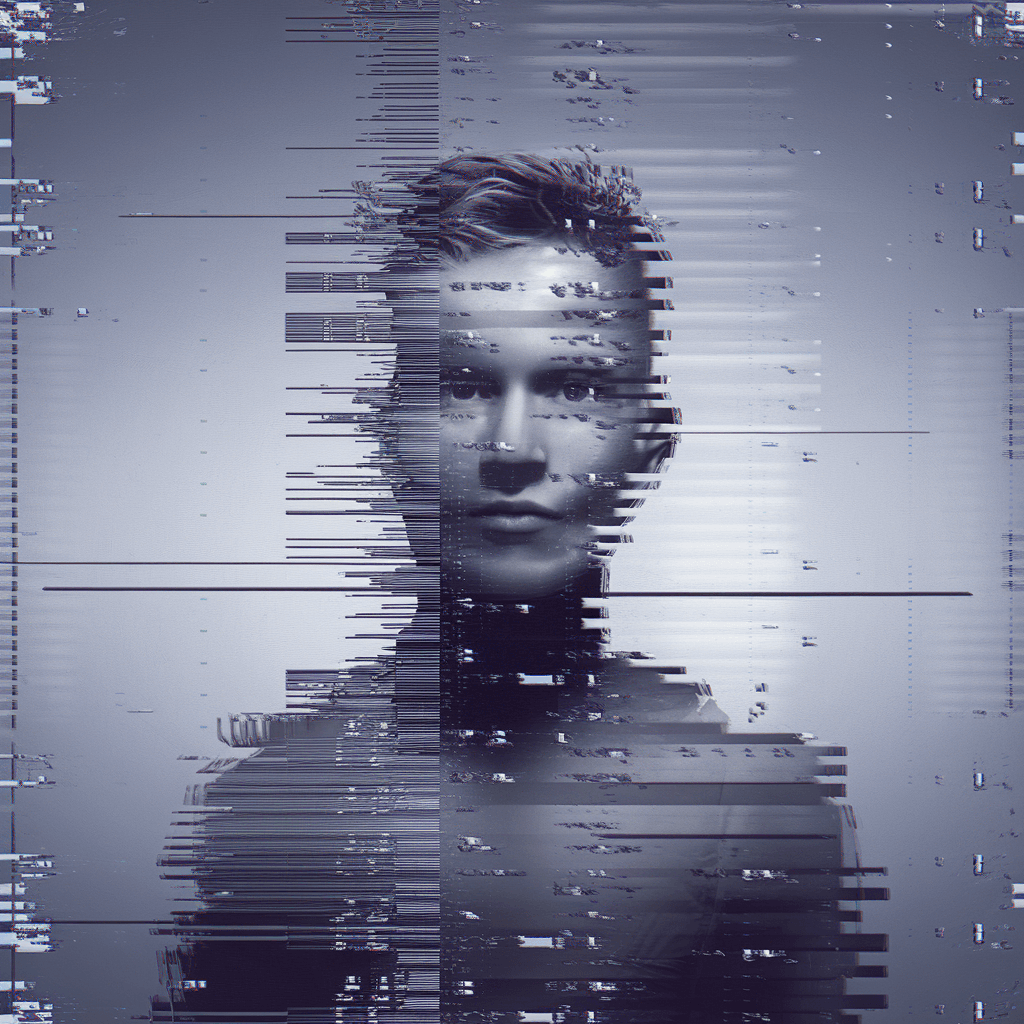 AI generated: glitch art with linear distortion, horizontal scan lines and digital interference, vertical portrait...