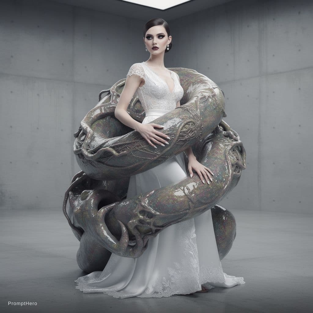 AI generated: {
  "metadata": {
    "theme": "Model and Pet - Domesticated Viscera",
    "style": "Photorealistic ...
