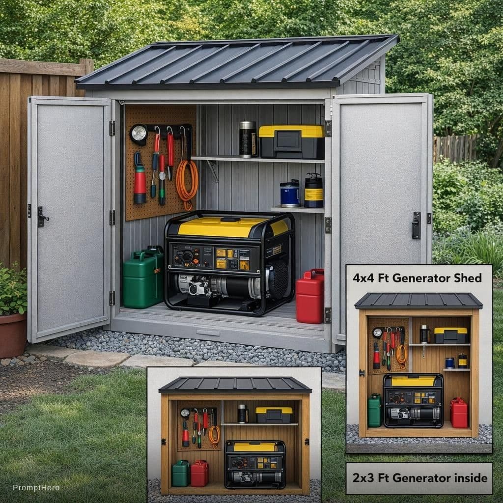 AI generated: show. me. samples pictures Of  costum generator Shed  With With 4 x 4 ft layout. With 6 or 7 ft heig...