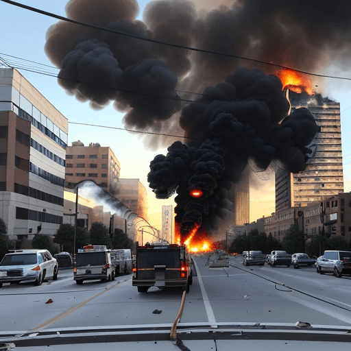 AI generated: Dui explosions and escalating smoke columns from the surrounding residential buildings in the city, ...