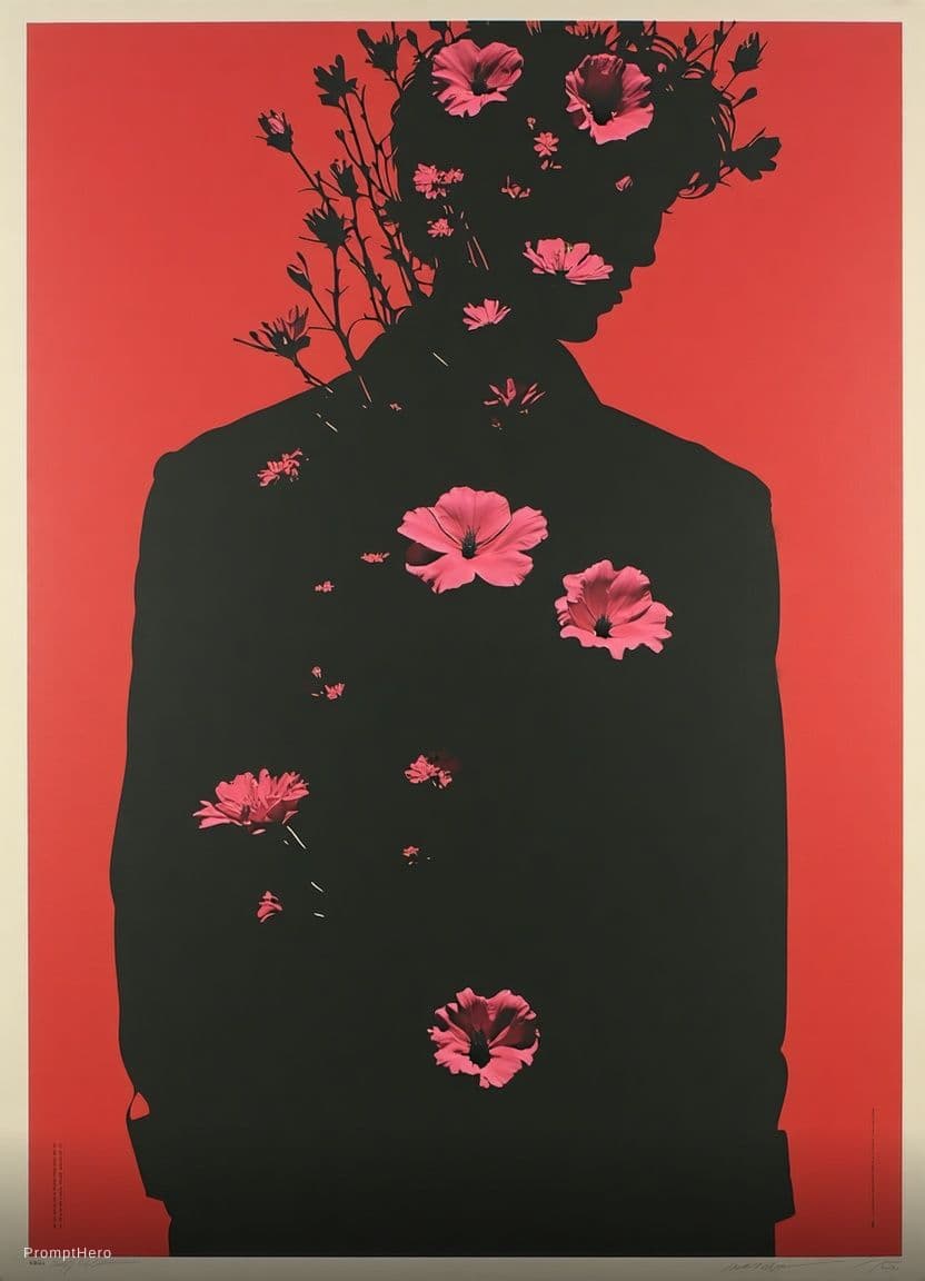 AI generated: Single queer figure, head completely replaced by aggressive exploding flowers. Doubled silhouette be...
