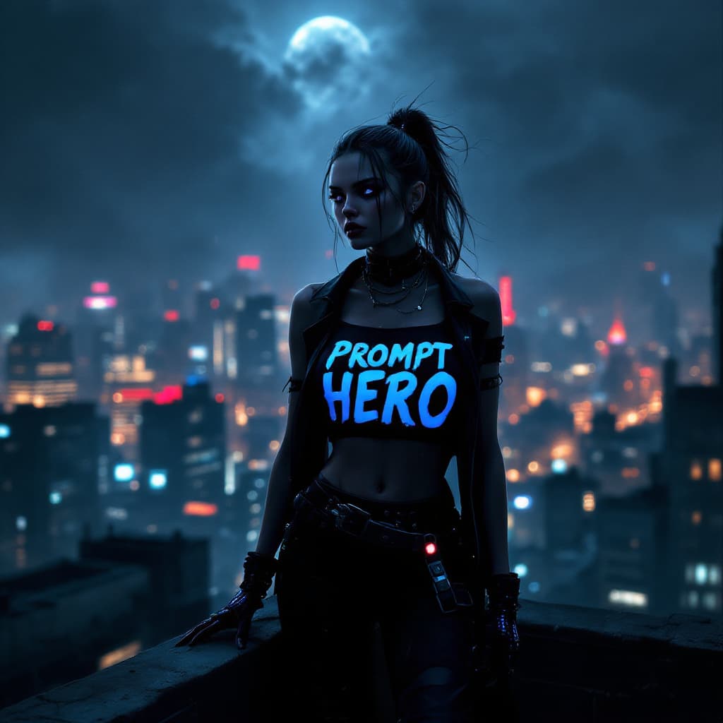 AI generated: Digital artwork, concept art, a cyberpunk girl with Prompt Hero text on her chest, standing on rooft...