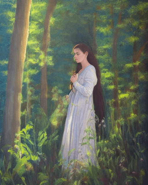 AI generated: Beautiful painting maiden, young woman, light through the leaves form dappled shadows, soft light fa...
