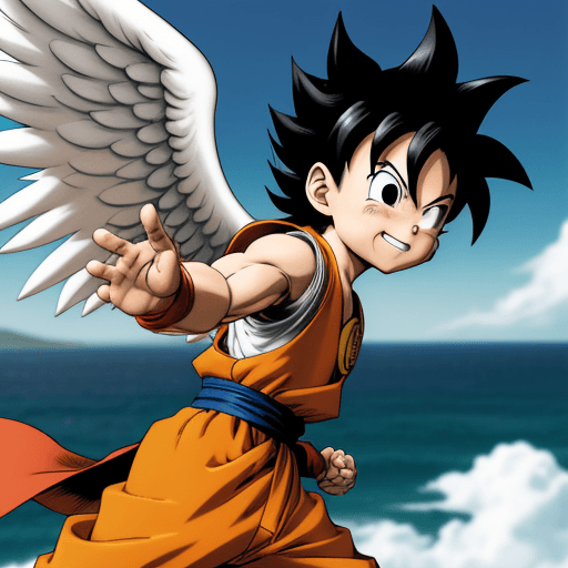 AI generated: Toriyama Akira's comic IP Goku, with white angel wings behind him and an angel ring on his head, wav...