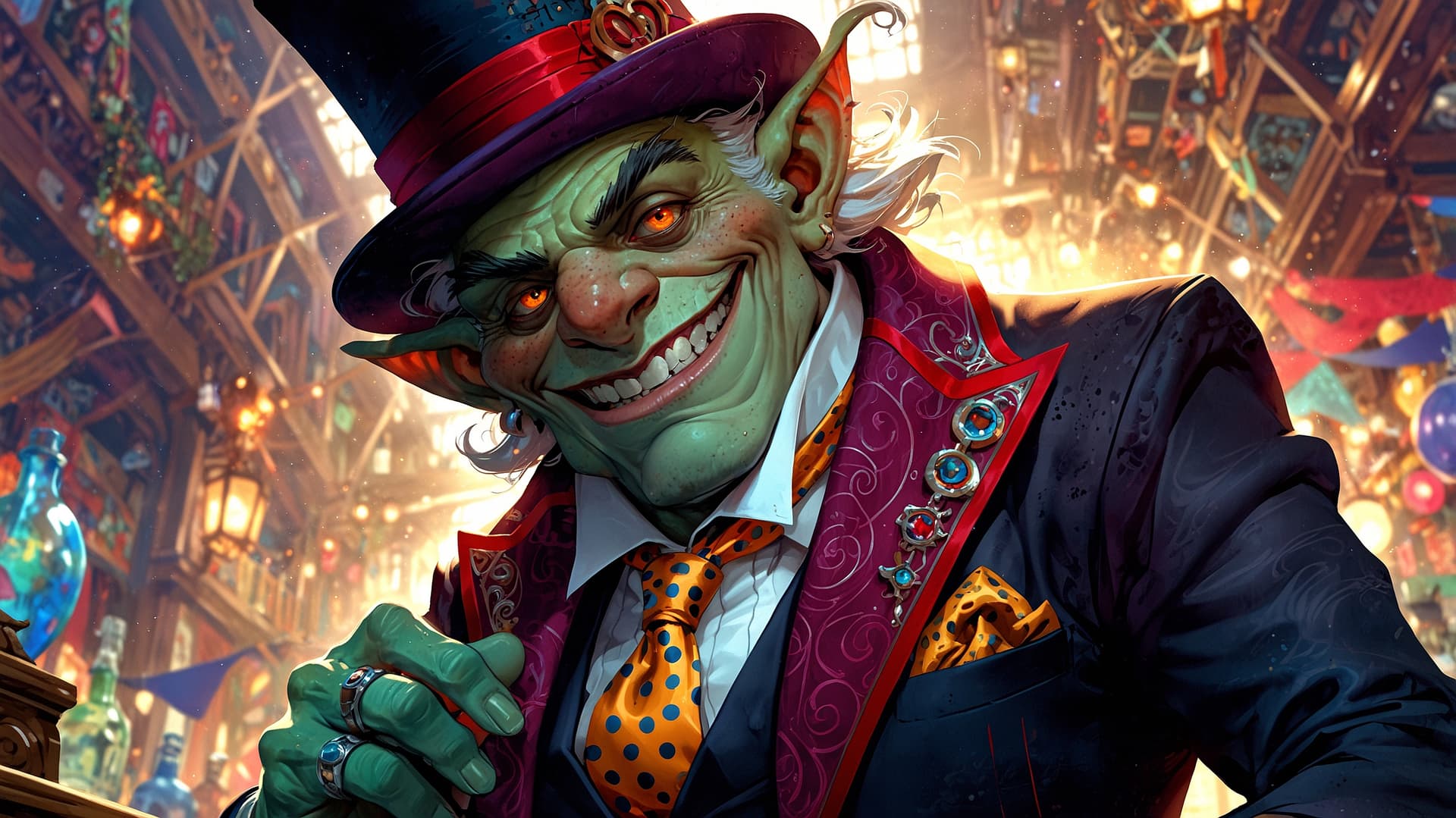 AI generated: A whimsically eccentric troll, exuding an air of sophistication amidst chaos: with a top hat adorned...