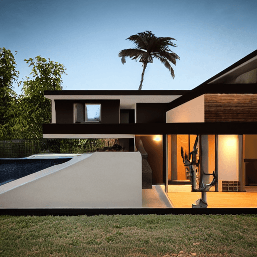 AI generated: small modern villa, brown architecture, front, Bauhaus architectural style, sunrise, tree, medium mo...