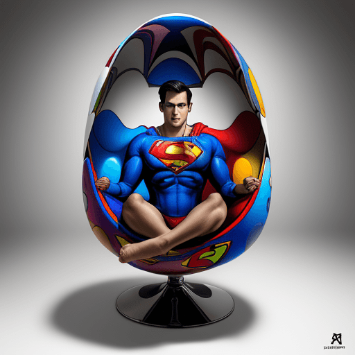 AI generated: product photography, a colorful egg chair with motif superman  pattern on it, in the style of esteba...