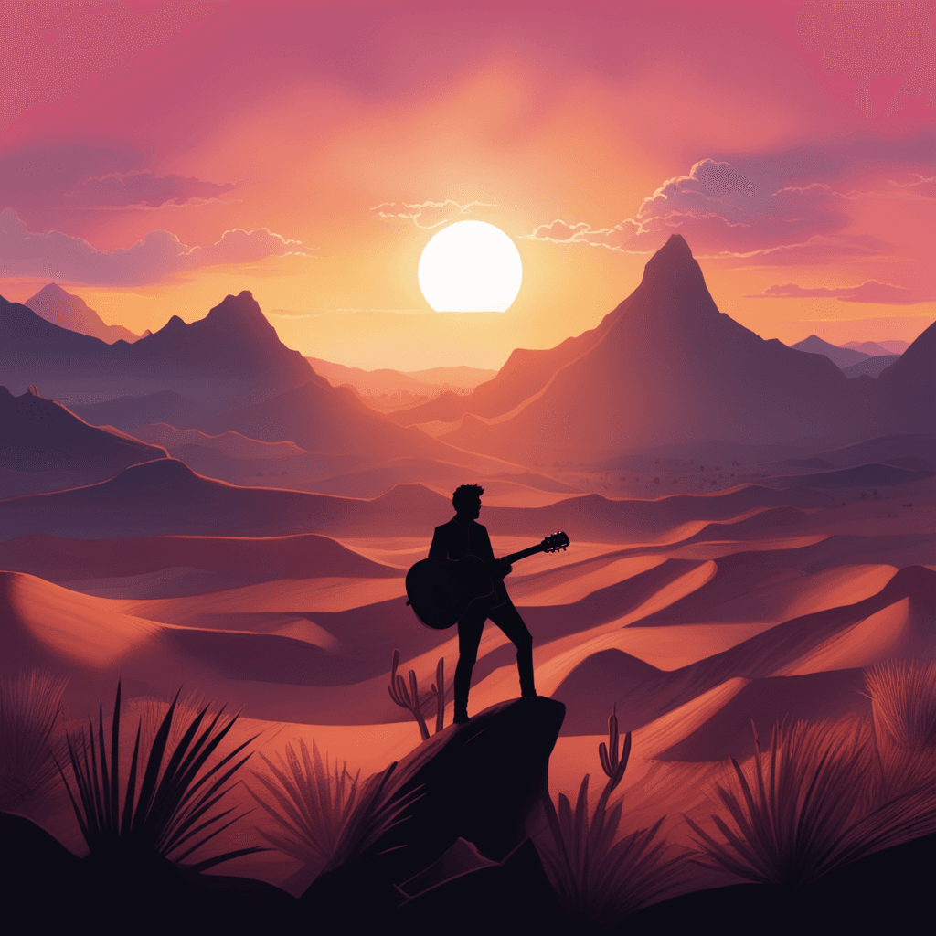 AI generated: illustration of a man playing guitar in the desert at sunset, jen bartel, sunset illustration, backg...