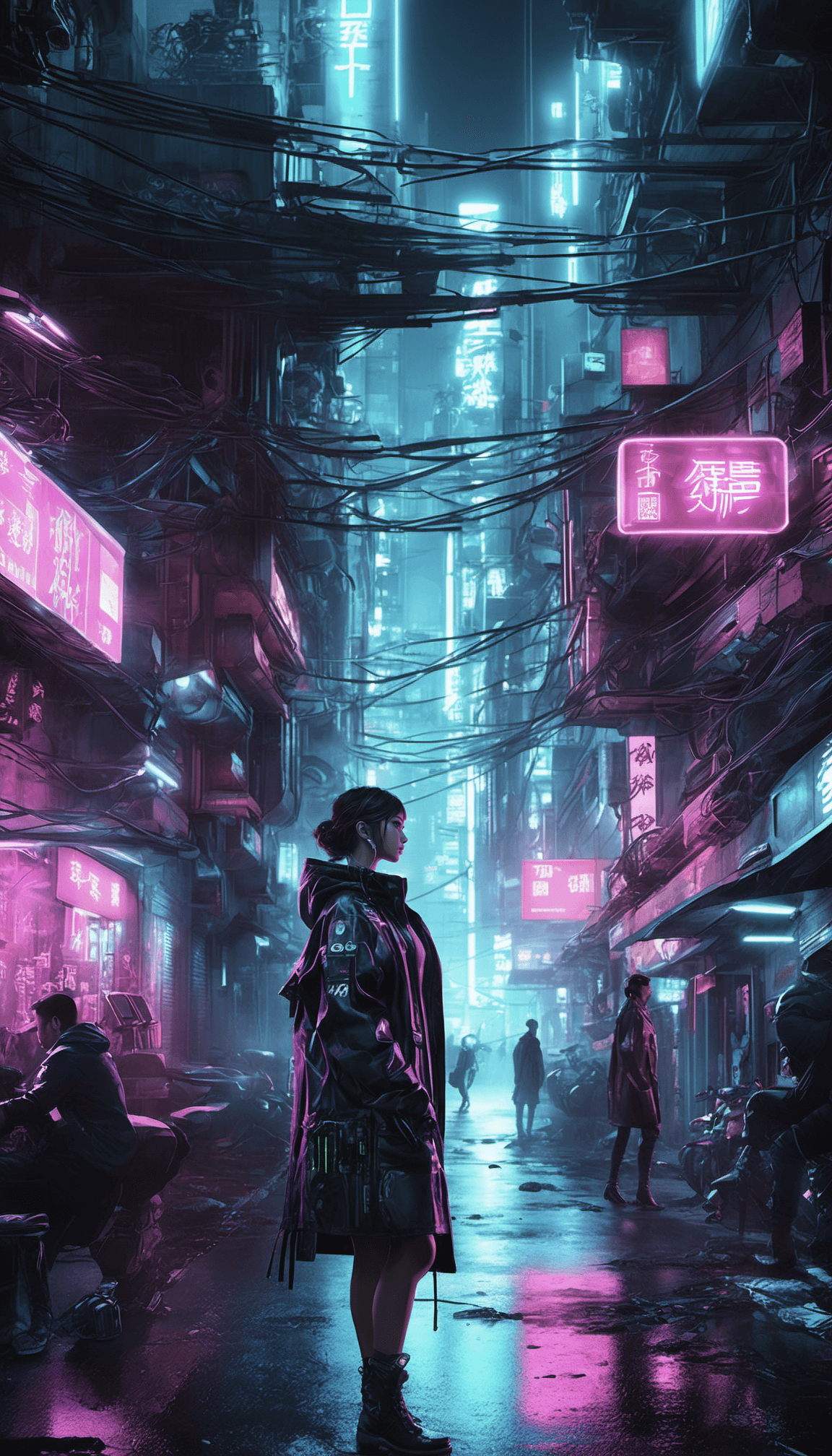 AI generated: girl of the future standing in a panoramic cyberpunk street, futuristic design, electronic artwork, ...