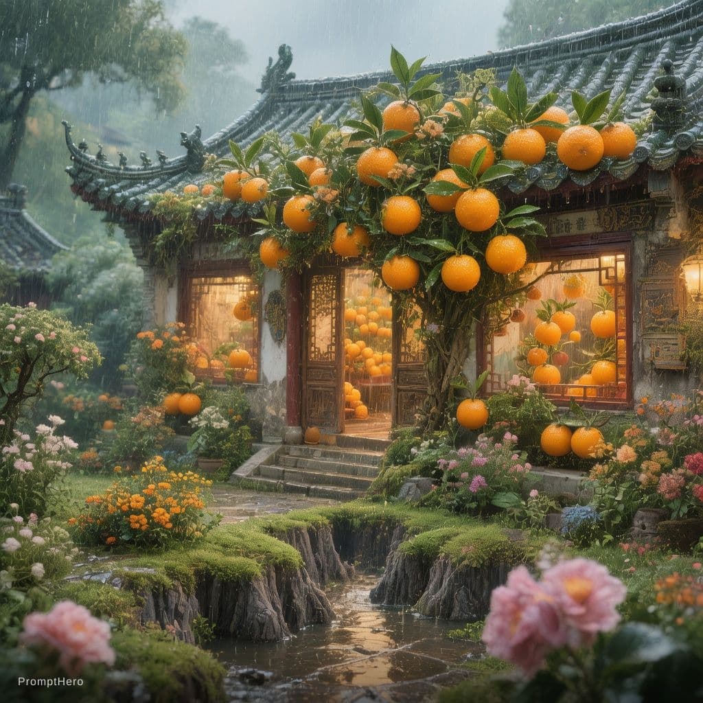 AI generated: Chinese architecture, house full of oranges, a garden with small hills, fantasy, rainy day, flowers,...