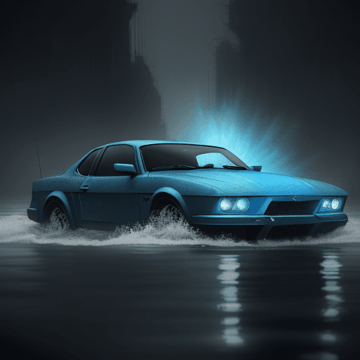 AI generated: a blue car driving through water, spacecraft design, eerie ,  somber mood, nikita  veprikov,  lovecr...