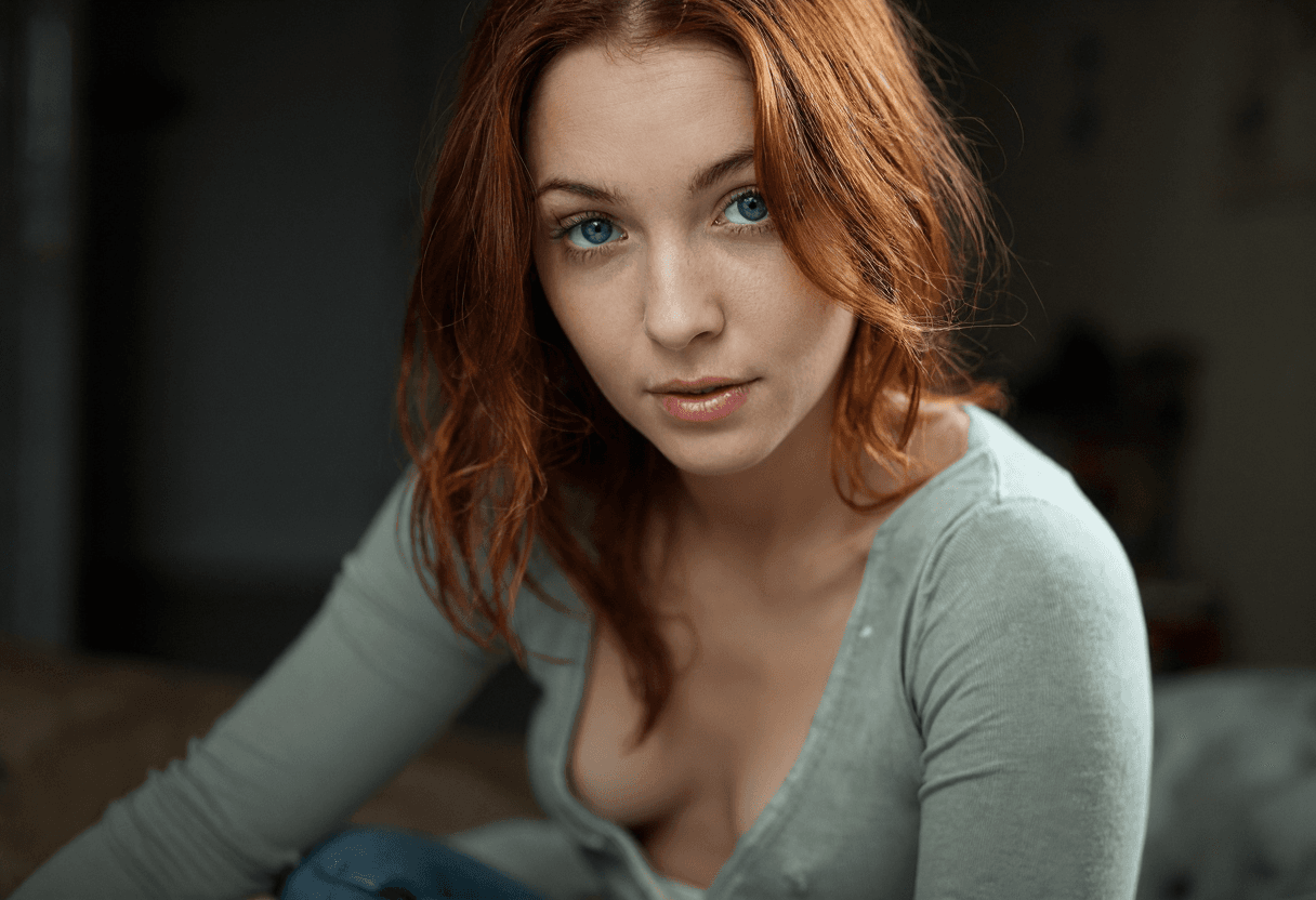 AI generated: A close-up of a woman in her mid-20s with bright blue eyes. She is wearing a muted color, earth tone...