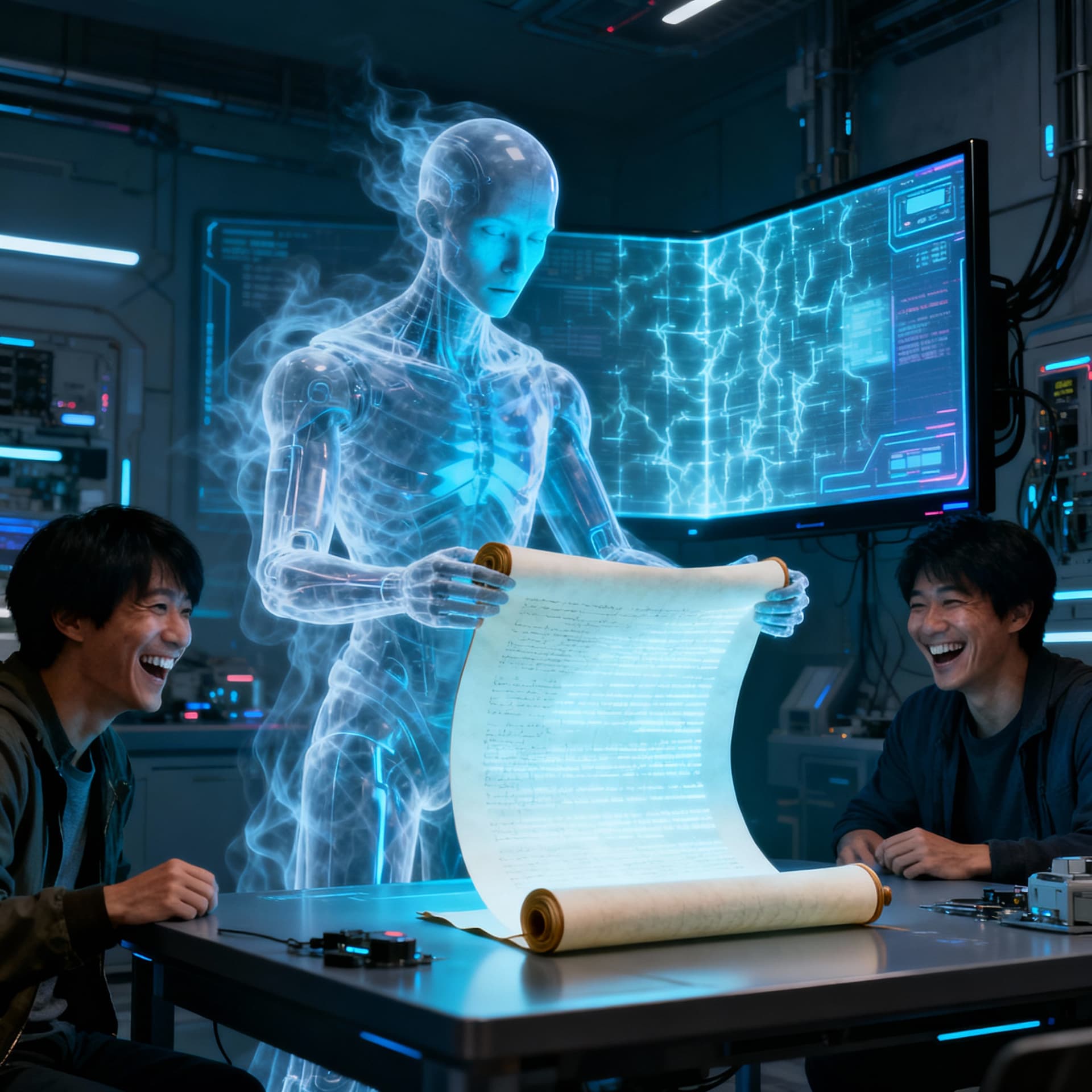AI generated: An avatar materialises on the table in front of Da5id, starting out ghostly and transparent, gradual...