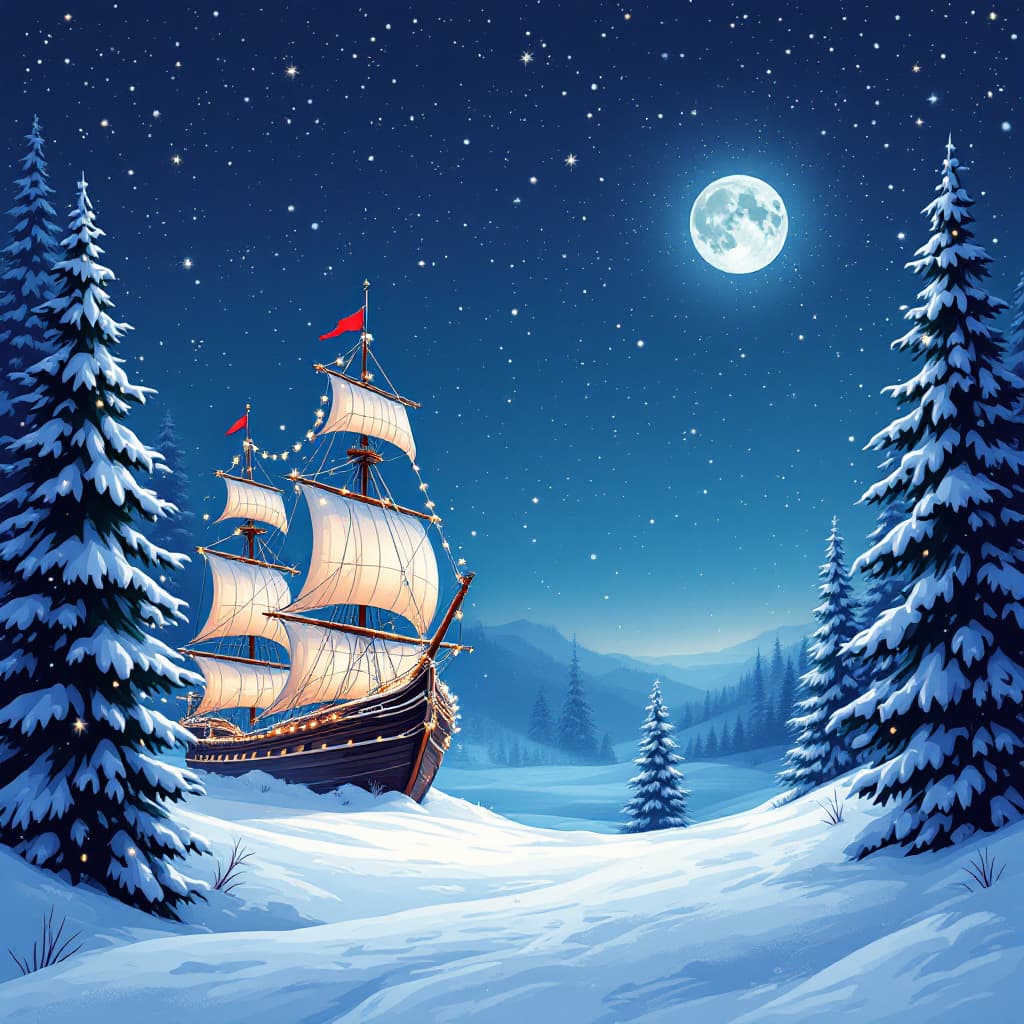 AI generated: Photo of a ultra realistic sailing ship, dramatic light, pStylish Christmas card with snow-covered s...