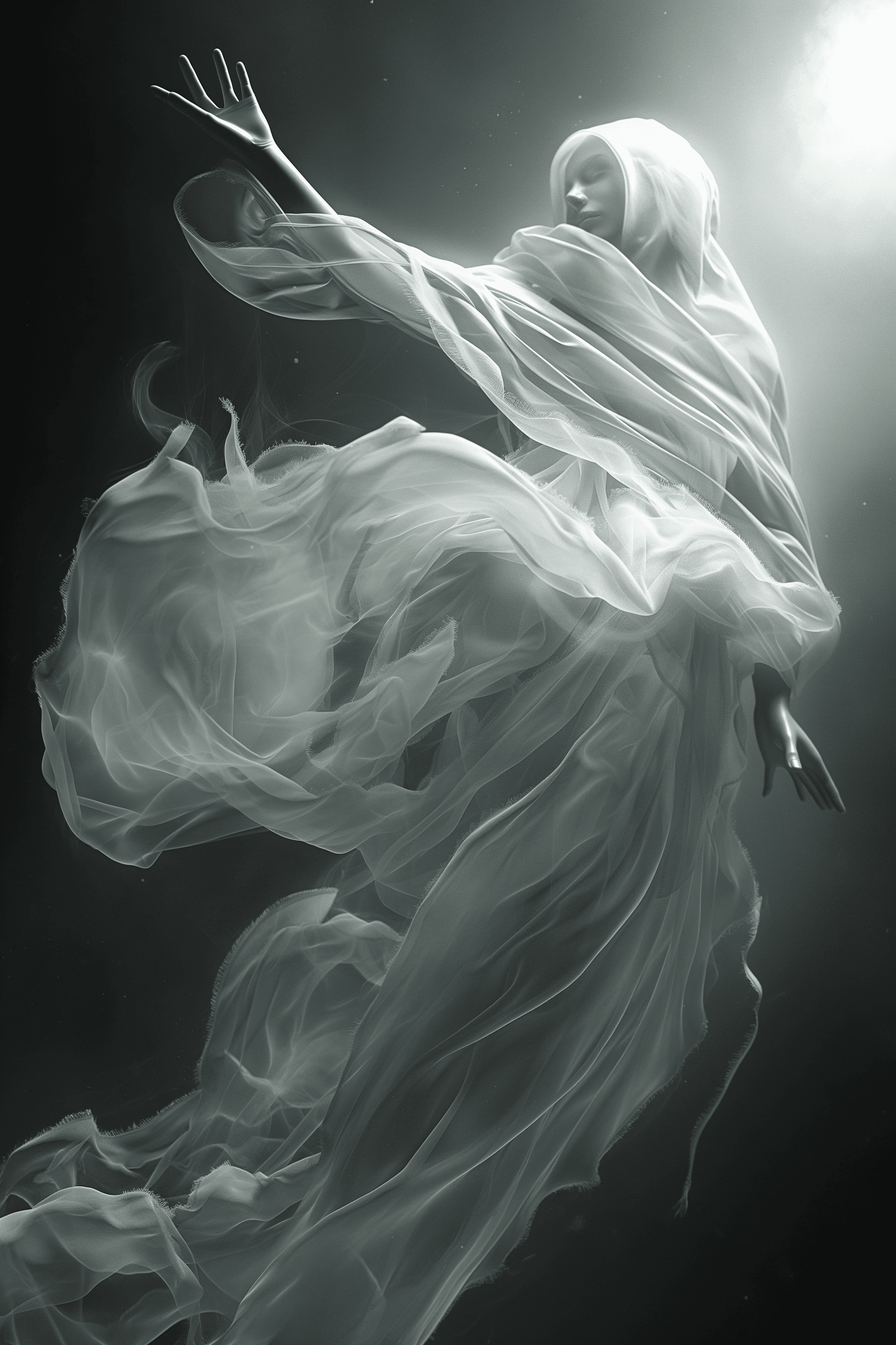AI generated: a full-body depiction of a divine, ethereal female character falling through a dark, cosmic void her...