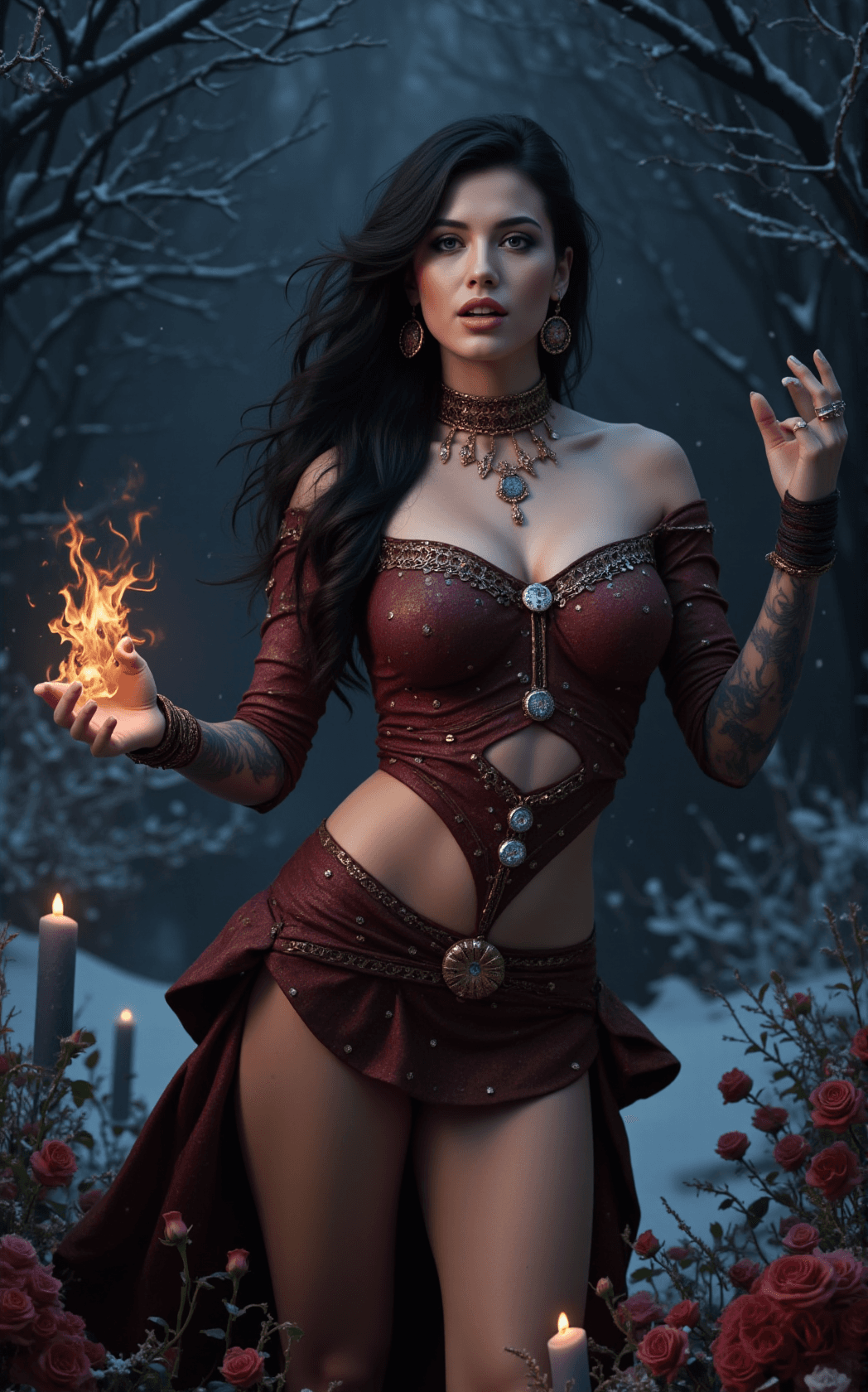 AI generated: In the heart of a serene snowy garden, a stunning female gypsy wizard stands gracefully amidst frost...