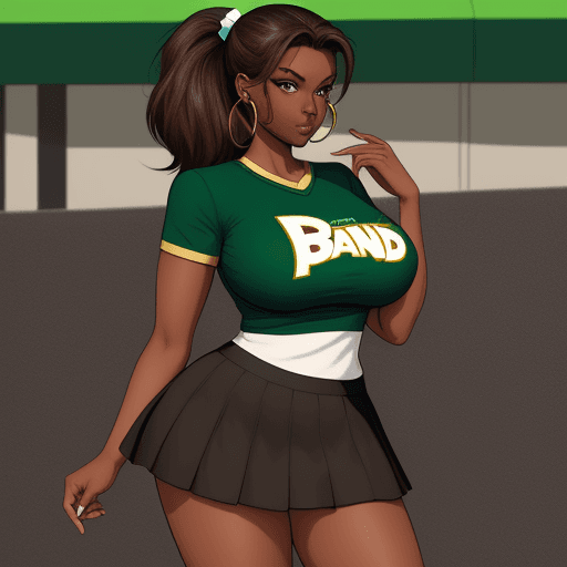 AI generated: Comics, pandad, brown hair, dark skin, green eyes, huge breasts, two tone hair, hoop earrings, singl...