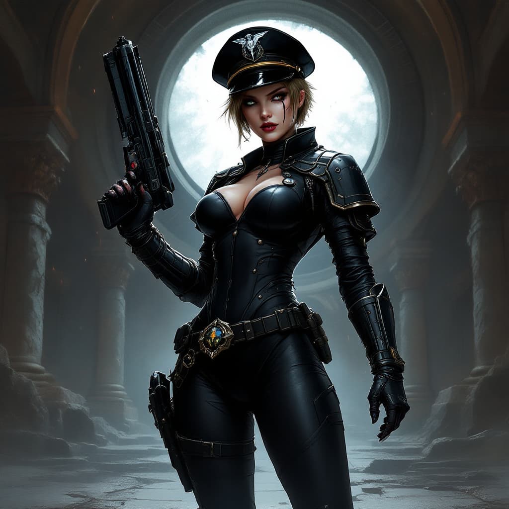 AI generated: artwork in the grimdark style of warhammer 40k of a sexy female comissar, standing infront a gothic ...