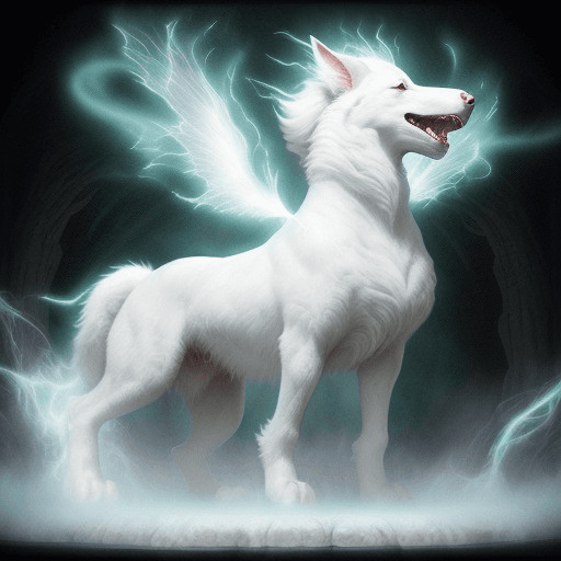 AI generated: A strikingly mystical creature, reminiscent of a large border Collie, magical female monster, takes ...