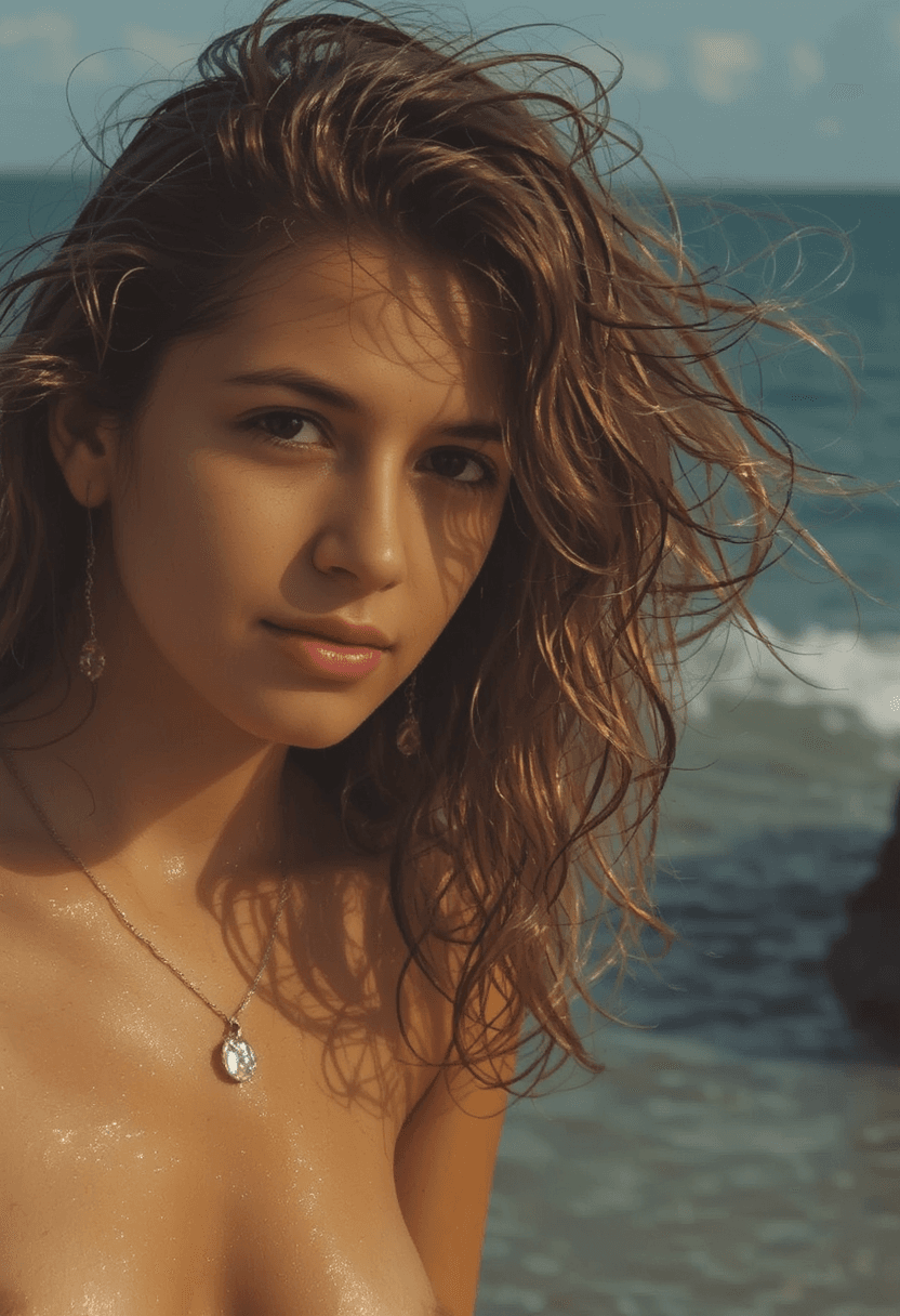 AI generated: A cinematic, photorealistic close-up portrait of a topless woman at the edge of the ocean during gol...