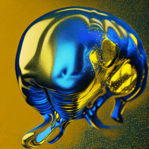 AI generated: brain in chrome liquid metal with yellow and blue particles around, scientific look, clean white spa...