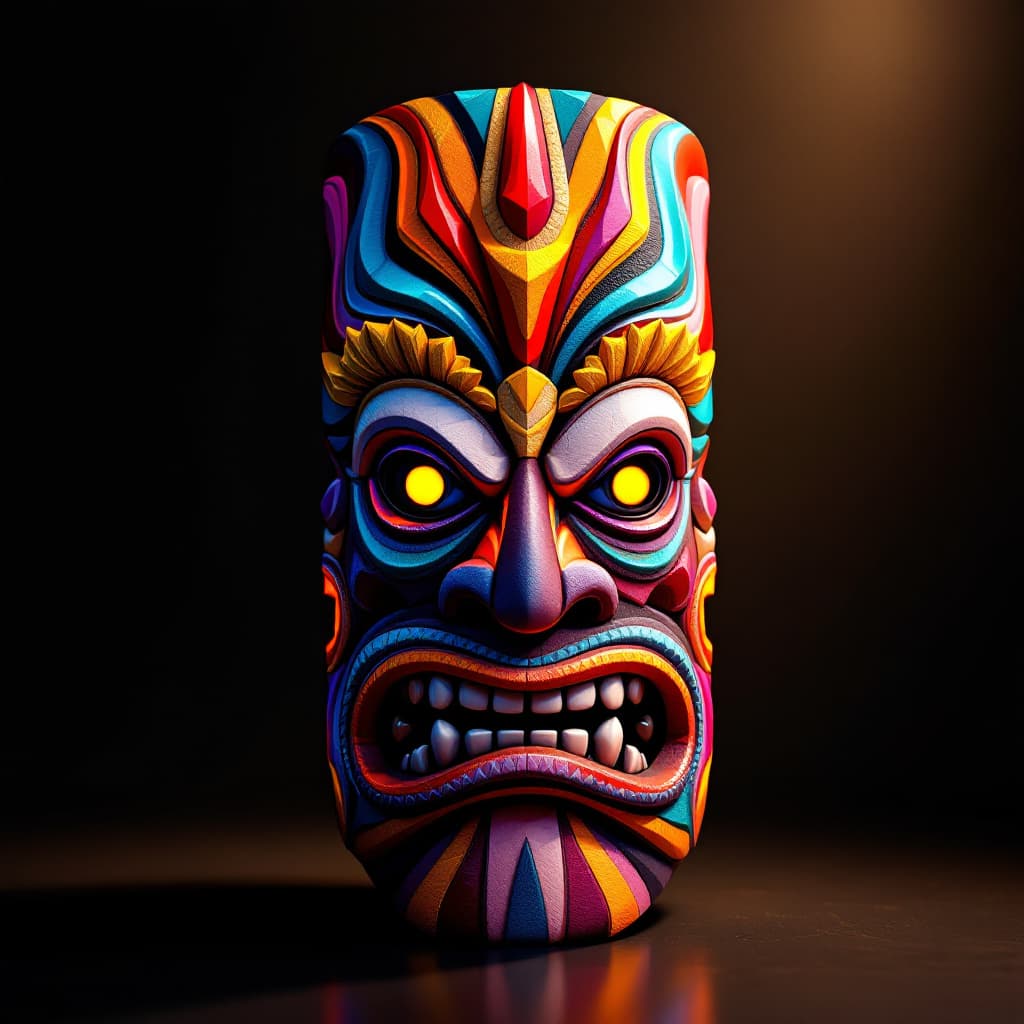 AI generated: colourful tiki mask 3/4 view turn, cinematic lighting

